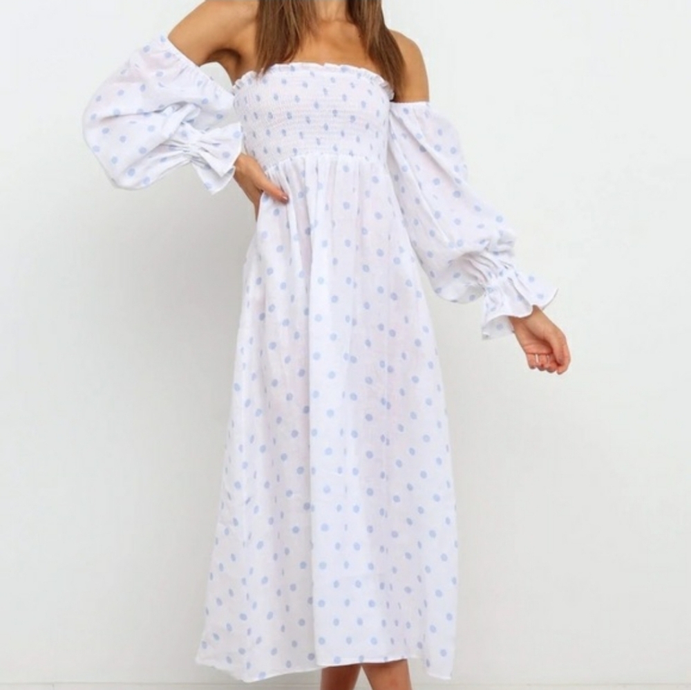 Petal + Pup Gabriella Linen Lantern Sleeves Milkmaid Midi Dress Size 4 Coastal